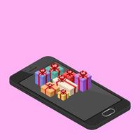 Isometric 3d mobile phone, technology of new smart phone with a lot of presents in valentine's day theme on pink background vector