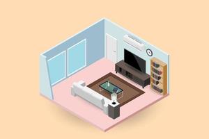 sala de concepto, composición isométrica 3d con un sofá y una gran televisión de pantalla ancha, una sala de estar con muchos muebles, una ventana y una puerta de diseño moderno vectorial. vector