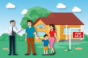 la inmobiliaria muestra la nueva hermosa y moderna propiedad inmobiliaria en venta al cliente con su familia. ilustración vectorial en diseño plano. vector