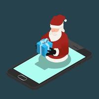 Isometric 3d Santa claus brings a gift appear on black mobile phone in Christmas theme, Illustration flat vector design.