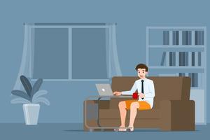 Young business man is sitting and working with laptop on the sofa at home. vector