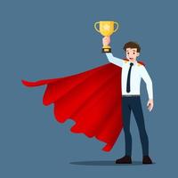 A successful young businessman with happy face, wears red cape and raises up a gold trophy cup. Winner or leader male character with business success concept. vector