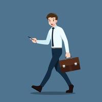 Happy businessman walking and looking at smartphone. Office worker moving forward with a mobile phone to play social media during route to the office. vector