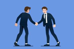 Happy confident businessman characters are shaking hands. Business people first meeting and greeting with firm handshake in business partnership concept. Flat character vector illustration.