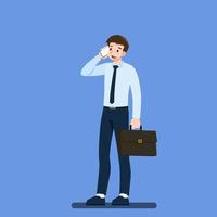 Happy confident businessman character is talking on the mobile phone. Business people speaking on smartphone and standing against isolated blue background. Vector illustration in cartoon style.