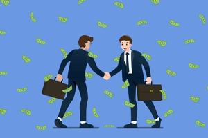 Successful businessman shaking hands. Business people making success deal about money investment concept in raindrop of coin and dollars banknote. Vector illustration in flat cartoon style.