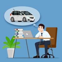 Businessman thinking or dreaming about buying a new beautiful modern car. An employee have a goal to own a personal vehicle and work for success. Vector illustration design.