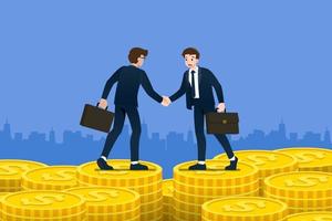Successful businessman shaking hands. Business people making success deal about money investment concept on big money coin buildings. Vector illustration in flat cartoon style.