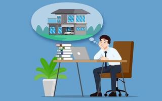 Businessman thinking or dreaming about buying a new beautiful modern house. An employee have a goal to own a personal property and work for success. Vector illustration design.