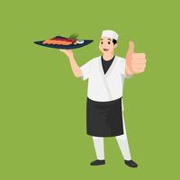 Happy Japanese chef, cartoon portrait of young cook wearing hat and chef uniform holding dish of sushi and doing thumb up sign gesture vector