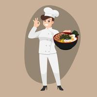 Happy chef, cartoon portrait of young cook wearing hat and chef uniform holding bowl of ramen and doing OK sign gesture vector