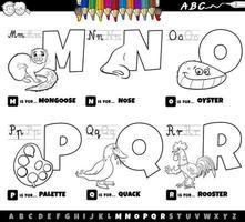 Letras del alfabeto de dibujos animados educativos establecidos de la m a la r página del libro de color vector