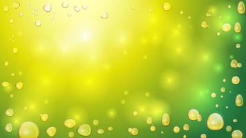 Cannabis oil gold bubbles on green blurred background, realistic vector effect. Blank template with oil drops in water, copy space and lava lamp effect