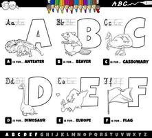 Conjunto de letras del alfabeto de dibujos animados educativos de la a a la f página del libro de color vector