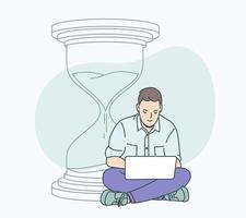 Time management, business concept. Young happy manager man, freelancer boy character working on laptop. Flat vector illustration