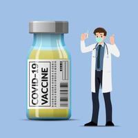 The doctor standing beside a large COVID-19 vaccine bottle with a syringe and do a hand made a sign of good. vector