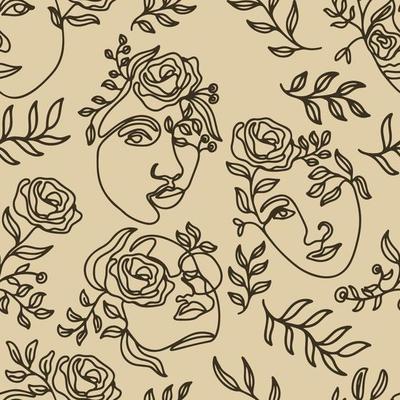 One Line Drawn Flower Face Seamless Pattern