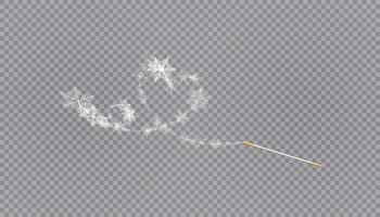 Magic wand with heart shaped snowflakes in a flat style in continuous drawing lines. Trace of white dust. Magic abstract background isolated on background. Miracle and magic. Vector illustration flat design.