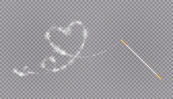 Magic wand with heart shaped snowflakes in a flat style in continuous drawing lines. Trace of white dust. Magic abstract background isolated on background. Miracle and magic. Vector illustration flat design.