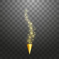 Yellow party popper with exploding confetti particles isolated background. Dotted paper cone with sparkling stars. Festive or magic decoration. Vector holiday illustration.