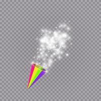 White party popper with exploding confetti particles isolated background. Dotted paper cone with sparkling stars. Festive or magic decoration. Vector holiday illustration.