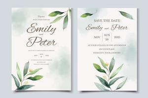 Plantilla de tarjeta de invitación de boda verde con hojas de eucalipto de acuarela vector