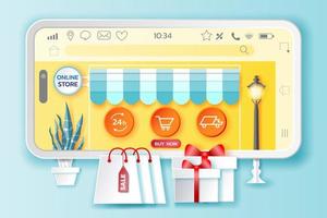 Online shopping on mobile applications or websites in paper style vector