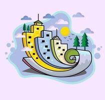 colorful city with tree, cloud and sun as a scroll paper illustration vector