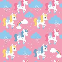 Seamless pattern with unicorns and clouds on pink background. Vector illustration.