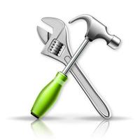 3d vector illustration. Hammer and wrench. Isolated Master tools on white background.