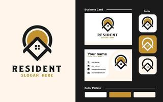 casa de techo con icono de punto logotipo de bienes raíces y plantilla de tarjeta de visita. conjunto de marca