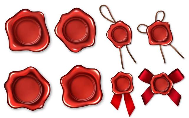 Realistic 3d Red Wax Seals Rope Ribbons Set Symbol of Quality, Guarantee or Secret. Vector illustration
