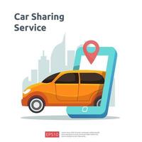 Car sharing illustration concept. online taxi or rent transportation using smartphone service application with character and route points location on gps map for landing page, banner, web, UI, flyer vector