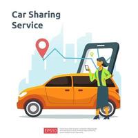 Car sharing illustration concept. online taxi or rent transportation using smartphone service application with character and route points location on gps map for landing page, banner, web, UI, flyer vector