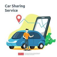 Car sharing illustration concept. online taxi or rent transportation using smartphone service application with character and route points location on gps map for landing page, banner, web, UI, flyer vector