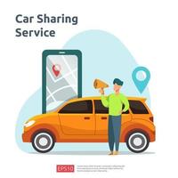 concepto de ilustración de coche compartido. taxi en línea o alquiler de transporte utilizando la aplicación de servicio de teléfono inteligente con ubicación de puntos de ruta y carácter en el mapa gps para la página de destino, banner, web, interfaz de usuario, folleto vector