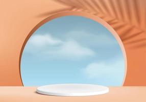 Background vector 3d orange coral cylinder white podium and minimal cloud scene with leaf shadow, wood podium 3d rendering, white podium pink pastel. Stage products halloween podium platform 3d sky display