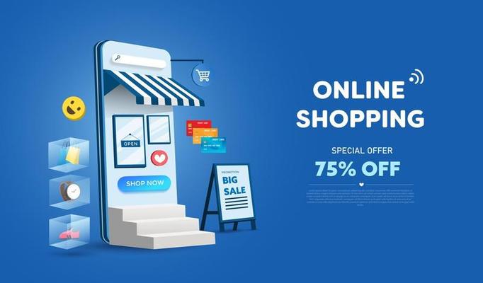 Online shopping store on website and mobile phone design. Smart business marketing concept. Horizontal view. Vector Illustration