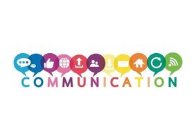 Vector illustration of a communication concept. The word communication with colorful dialog speech bubbles