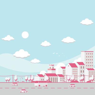 Illustration of city with clouds and blue sky, Isometric building view. Vector.