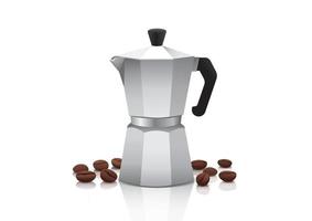 Realistic vector moka pot or coffee maker with roasted coffee beans on white background, isolated vector illustration