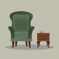 elegante sillón o sillón orejero con mesa auxiliar y café vector