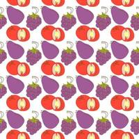 pattern background with fruit elements of tomato, eggplant, grapes. Cute vector seamless pattern with colorful doodles of fruits, berries and vegetables. Hand drawn elements on white background. Simple backdrop with colorful objects for your design.