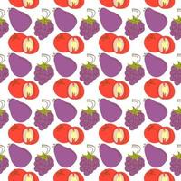 pattern background with fruit elements of tomato, eggplant, grapes. Cute vector seamless pattern with colorful doodles of fruits, berries and vegetables. Hand drawn elements on white background. Simple backdrop with colorful objects for your design.