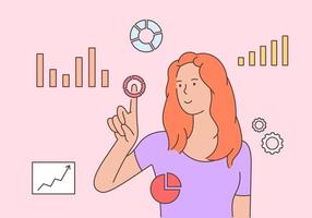 concepto de diagramas de análisis de datos visuales. joven mujer de negocios inteligente analizar datos en la pantalla de proyección. ilustración vectorial plana vector