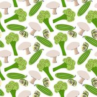 Seamless pattern with mushrooms, cucumber slices, broccoli on a white background. Vector illustration of ingredients for food backgroundin a flat doodle style.