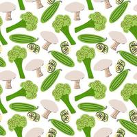 Seamless pattern with mushrooms, cucumber slices, broccoli on a white background. Vector illustration of ingredients for food backgroundin a flat doodle style.