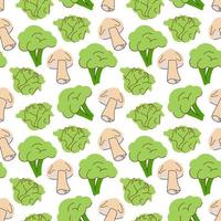 vegetable pattern with composition broccoli, mushrooms, cabbage element. Perfect for food background, wallpaper, textile. Vector illustration