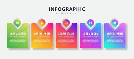 Business infographic colorful gradient process with square number icons. 5 options or steps. Vector illustration presentation template.