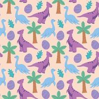 Cute dinosaurs and tropic plants. Funny cartoon dino seamless pattern. Hand drawn vector doodle design for girls, kids. Hand drawn children's pattern for fashion clothes, shirt, fabric